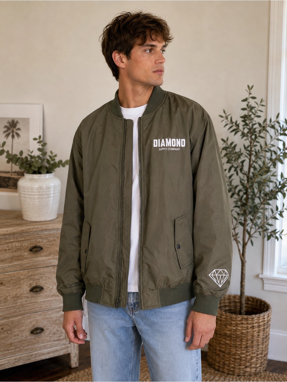 Diamond Supply Co. Men’s XL Bomber Jacket Olive Green Logo NWT